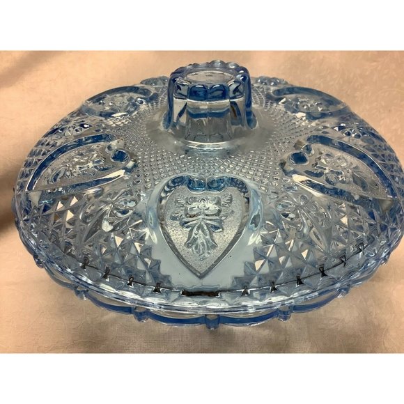 Indiana Glass Aqua Lidded Candy Dish, Heart and Flowers Pattern - Picture 5 of 11